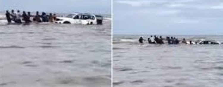 नालासोपारा समुद्र तट पर पर्यटक की लापरवाही: स्कॉर्पियो समुद्र में फंसी, ग्रामीणों की मदद से घंटों बाद निकली बाहर