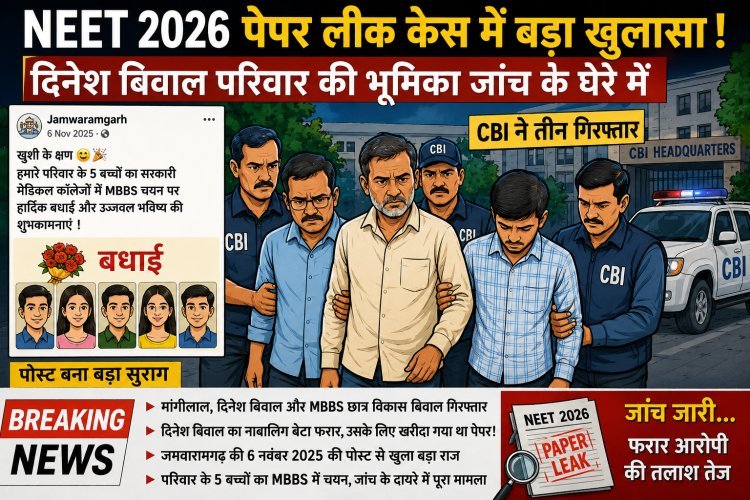 NEET 2026 पेपर लीक केस में बड़ा धमाका: दिनेश बिवाल परिवार पर CBI का शिकंजा, MBBS चयन की पोस्ट बनी जांच का बड़ा सुराग