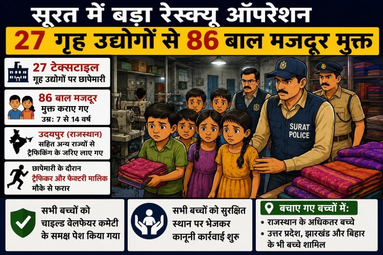 सूरत में मानवता को झकझोर देने वाला खुलासा: 27 टेक्सटाइल गृह उद्योगों से 86 बाल मजदूर मुक्त, ट्रैफिकिंग के बड़े नेटवर्क की आशंका