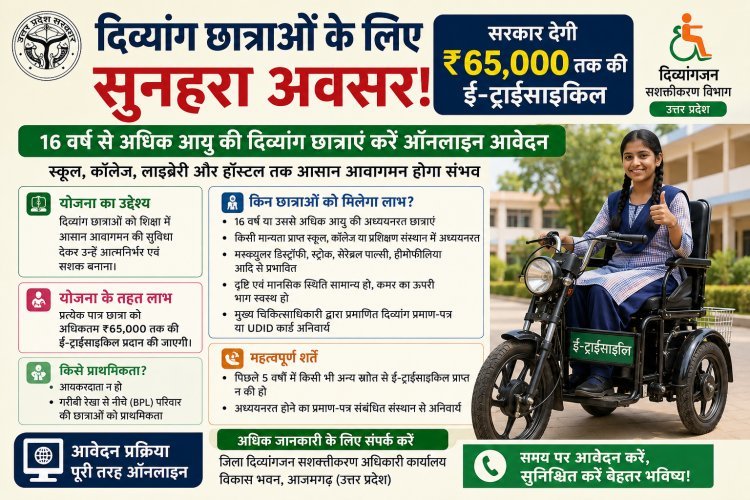 16 वर्ष से अधिक आयु की दिव्यांग छात्राओं के लिए सुनहरा अवसर: सरकार देगी ₹65 हजार तक की ई-ट्राईसाइकिल, तुरंत करें ऑनलाइन आवेदन