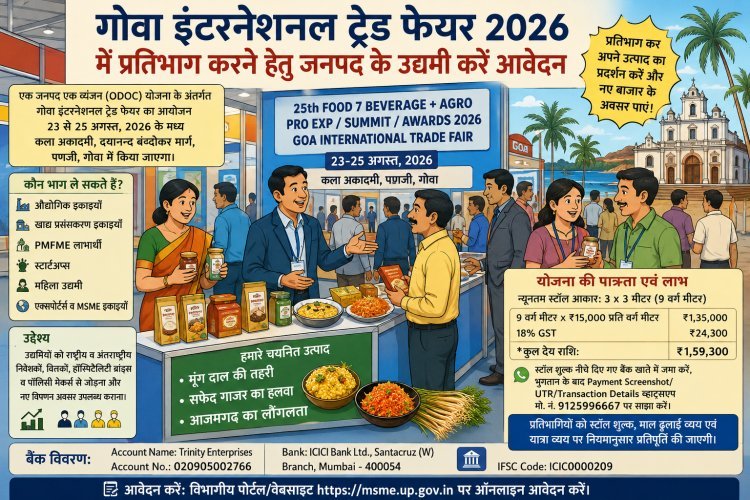आजमगढ़ के उद्यमियों के लिए सुनहरा अवसर! गोवा इंटरनेशनल ट्रेड फेयर-2026 में मिलेगा राष्ट्रीय-अंतरराष्ट्रीय बाजार, 23 से 25 अगस्त तक होगा भव्य आयोजन