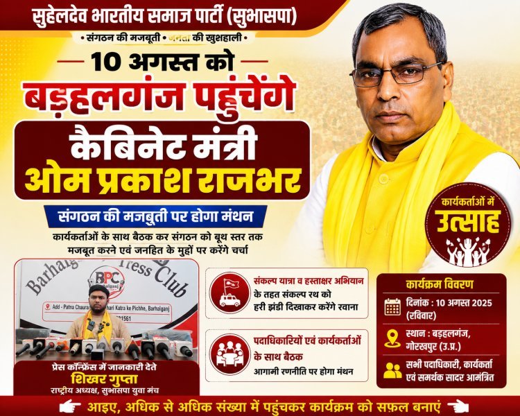 10 अगस्त को बड़हलगंज पहुंचेंगे कैबिनेट मंत्री ओम प्रकाश राजभर, कार्यकर्ताओं में उत्साह—संगठन की मजबूती पर होगा मंथन